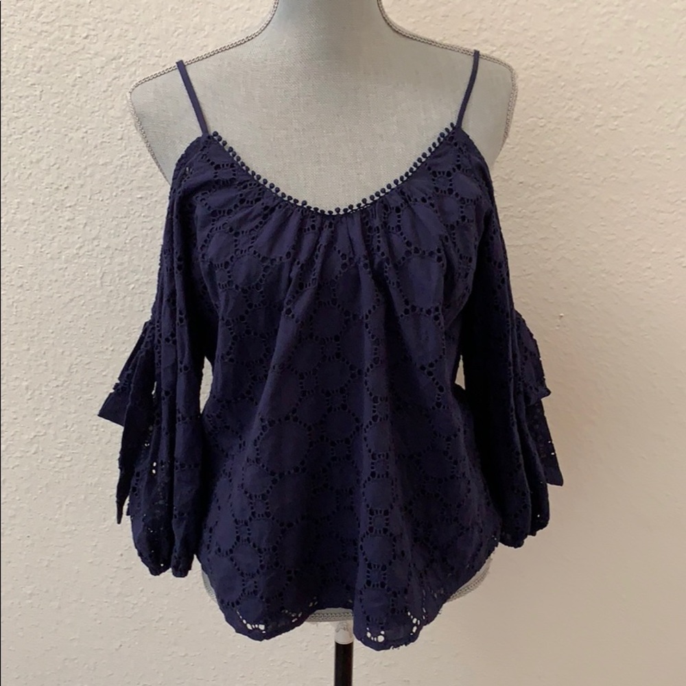 Parker dark blue lace top blouse XS New NWT open shoulder Beautiful RARE HTF